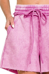 Zenana Acid Wash Fleece Drawstring Shorts With Pockets OutfitFlow